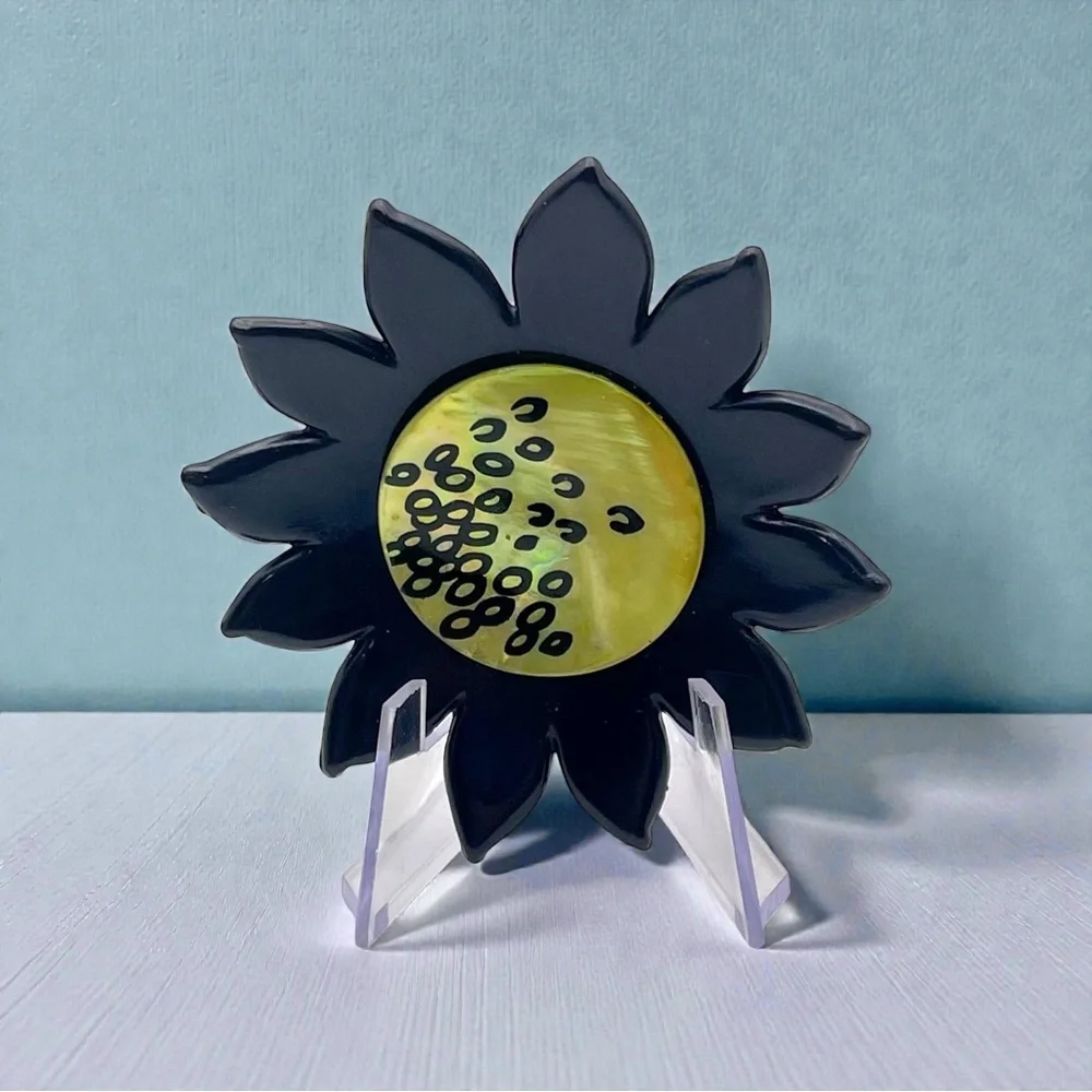 Vintage Artisan Resin Sunflower Brooch Black and Abalone Lime Green Handpainted